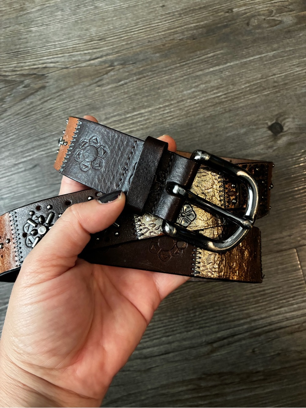 Fossil Y2K Boho Patchwork studded Solid Brass Belt Sz L